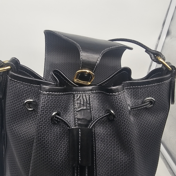 CHARLES JOURDAN Vintage Coated Canvas Black Leather Drawstring Bucket Bag - Picture 11 of 15